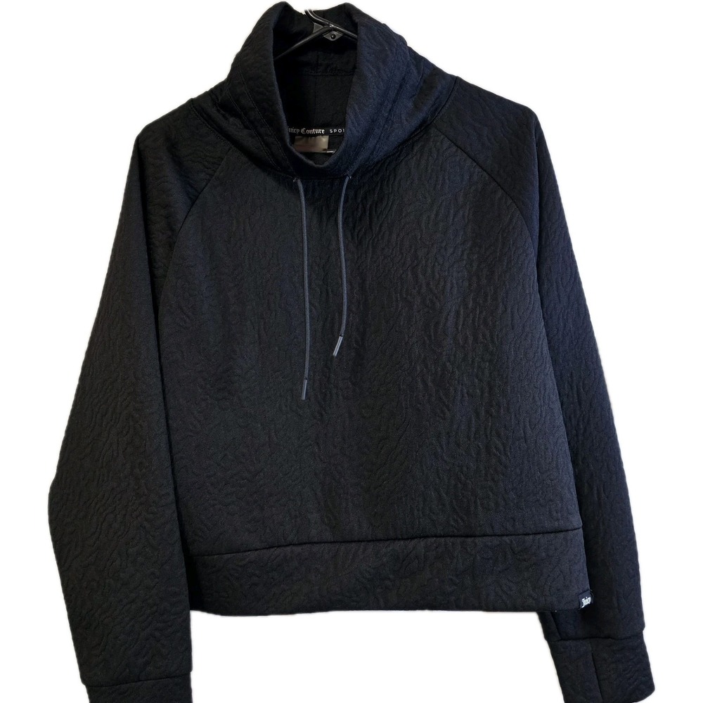 Juicy Couture Sport Black Crop Embossed Hoodie Size Medium Vtg Thumb Holes Y2K‎